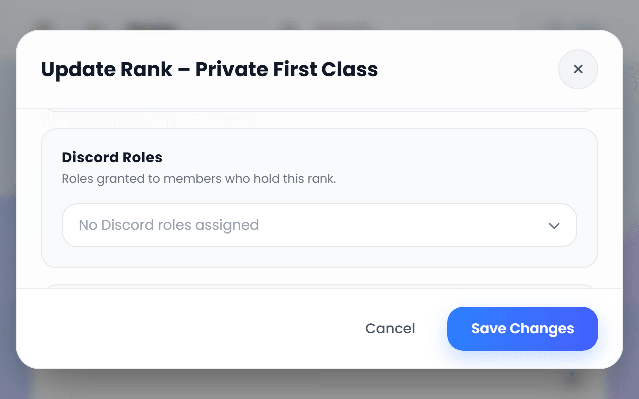 Public demo rank editor scrolled to the Discord Roles field for Private First Class