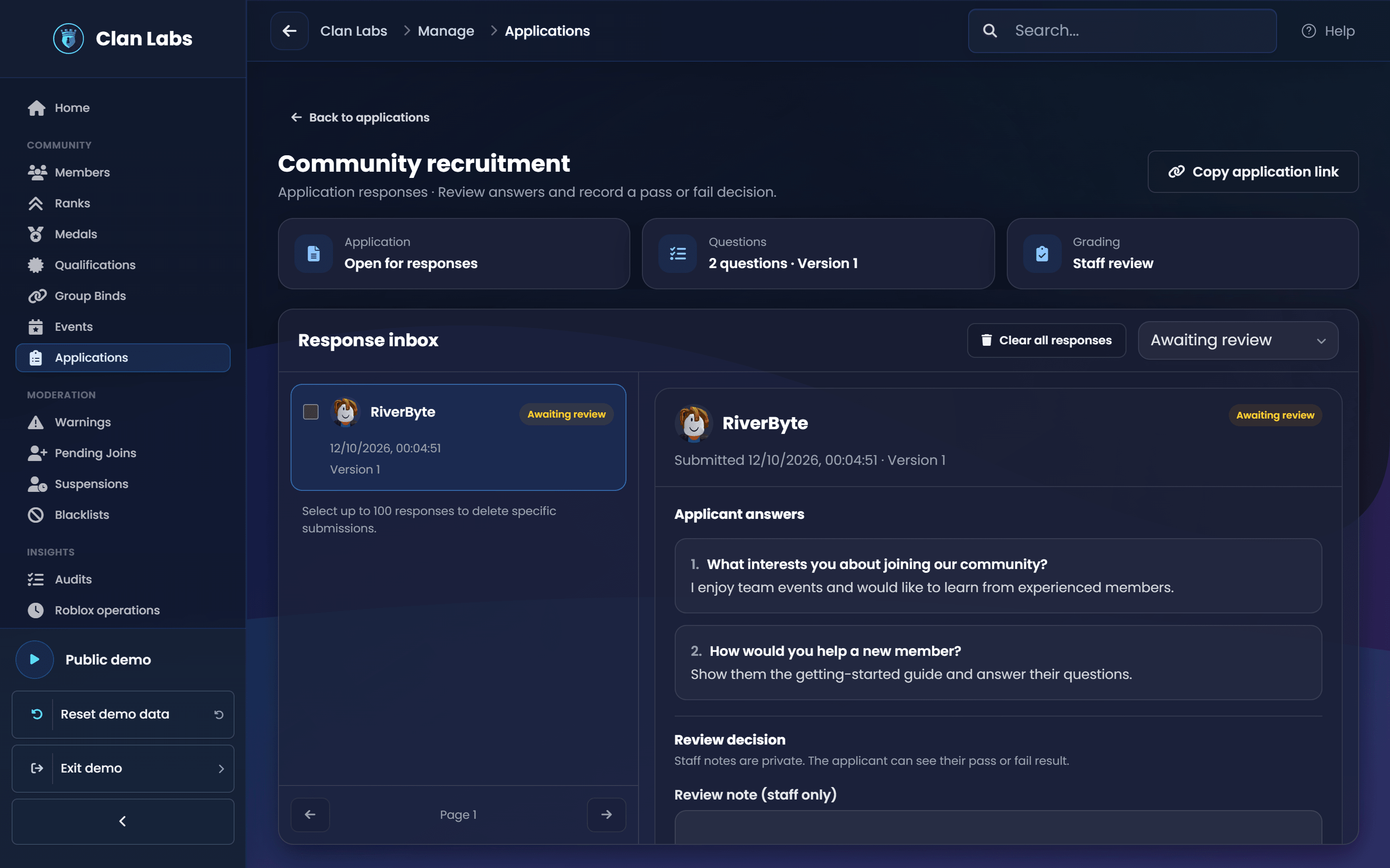 V3 staff response inbox showing sample applicant answers awaiting review