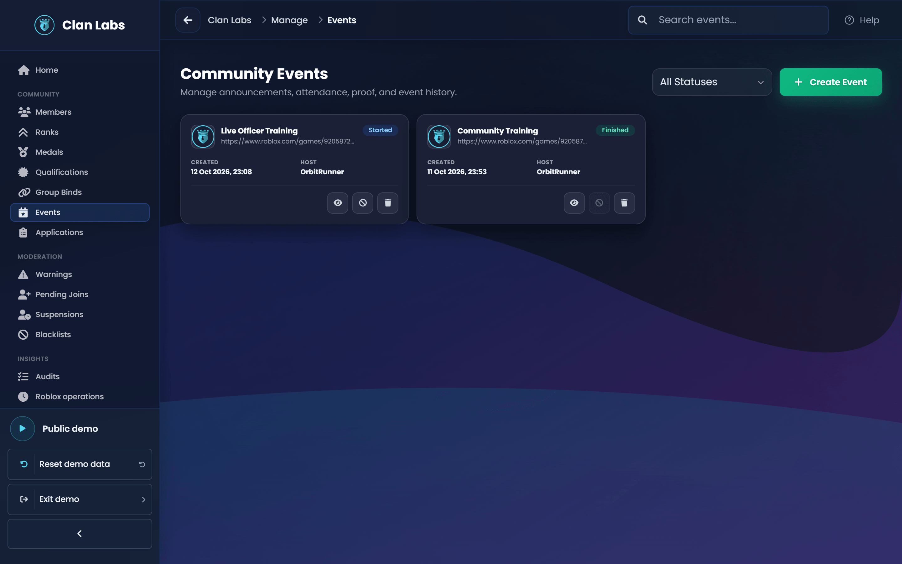 Clan Labs public demo event list showing sample event statuses and attendance context